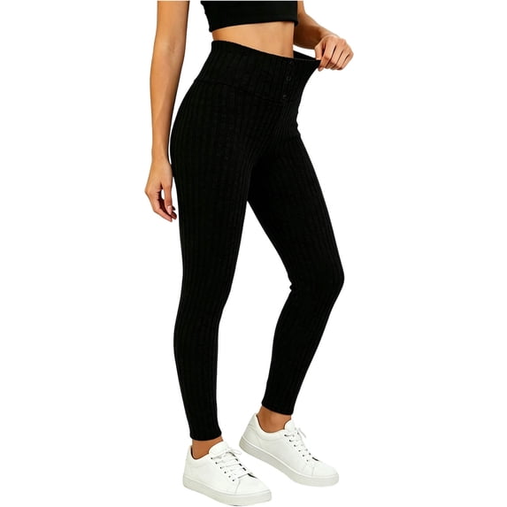 TEAJOPSUU Womens High Waist Ribbed Leggings Button Front Slim Fit Stretchy Yoga Pants Fall Winter Warm Knitted Tummy Control Leggings Black