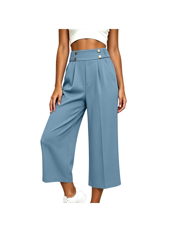 Womens High Waist Wide Leg Capri Pants Wide Waistband Gold Button Detail Palazzo Trousers with Pockets Business Casual Wear Light Blue