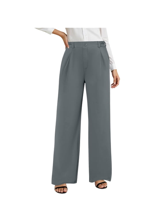 Womens High Waist Wide Leg Dress Pants Button Fly Trousers with Elastic Back Waist Business Casual Work Office Slacks Wear Gray