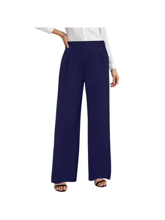 Womens High Waist Wide Leg Dress Pants Button Fly Trousers with Elastic Back Waist Business Casual Work Office Slacks Wear Navy