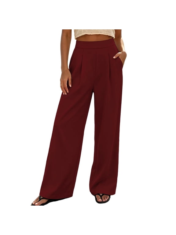 Womens High Waist Wide Leg Pants Wide Waistband Pleated Trousers with Pockets Business Casual Work Office Wear Burgundy