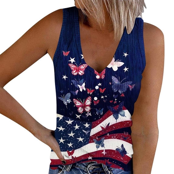 TEAJOPSUU Womens July 4th Tank Tops USA Printed V-Neck Sleeveless Blouses Red White Blue Loose Fitted Summer Tank E-Multicolor
