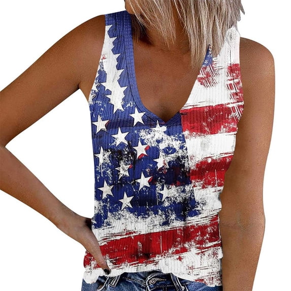 TEAJOPSUU Womens July 4th Tank Tops USA Printed V-Neck Sleeveless Blouses Red White Blue Loose Fitted Summer Tank G-Multicolor