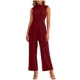thumbnail image 1 of TEAJOPSUU Womens Jumpsuit Mock Neck Sleeveless High Waist Slim Jumpsuit Pleated Wide Leg Summer Loose Jumpsuit Burgundy, 1 of 7