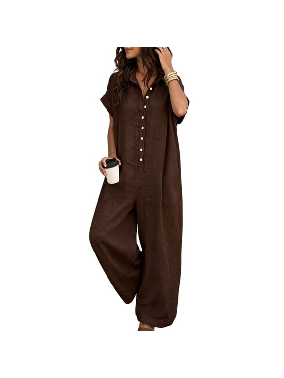 Womens Jumpsuits Loose Short Sleeve V Neck Button Down Wide Leg Pant Jumpsuits Summer Casual Daily Romper Brown
