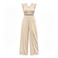 thumbnail image 1 of TEAJOPSUU Womens Jumpsuits Ruffle Sleeveless Lace Trim Wide Leg Jumpsuits Relaxed Fit Casual Romper for Vacation Beach Everyday Beige, 1 of 5