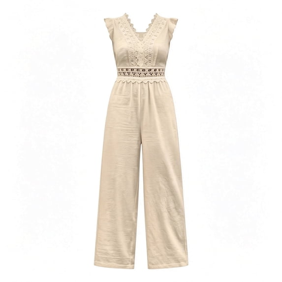 TEAJOPSUU Womens Jumpsuits Ruffle Sleeveless Lace Trim Wide Leg Jumpsuits Relaxed Fit Casual Romper for Vacation Beach Everyday Beige