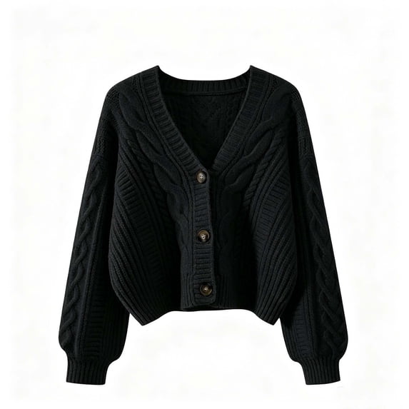 TEAJOPSUU Womens Knit Open Front Crop Sweaters Long Sleeve Button Down Tops Casual V Neck Warm Sweaters for Fall Winter Black