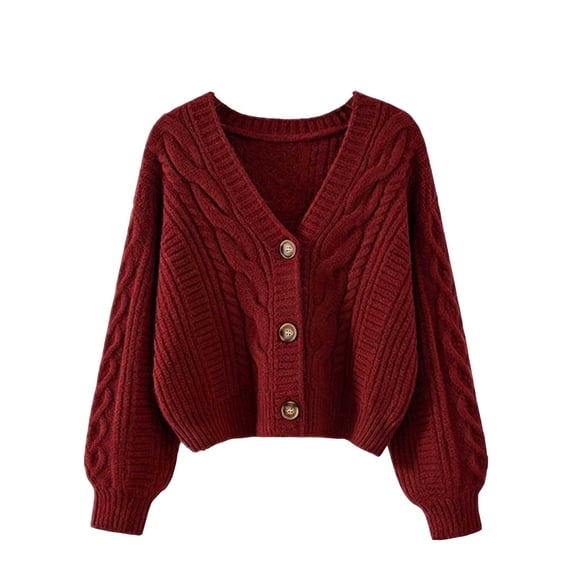 TEAJOPSUU Womens Knit Open Front Crop Sweaters Long Sleeve Button Down Tops Casual V Neck Warm Sweaters for Fall Winter Red