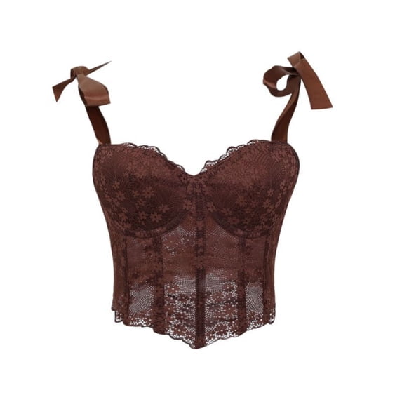 TEAJOPSUU Womens Lace Corset Tops Underwire Padded Overbust Bustier Bodyshaper Summer Spicy Sheer Mesh Tops Coffee