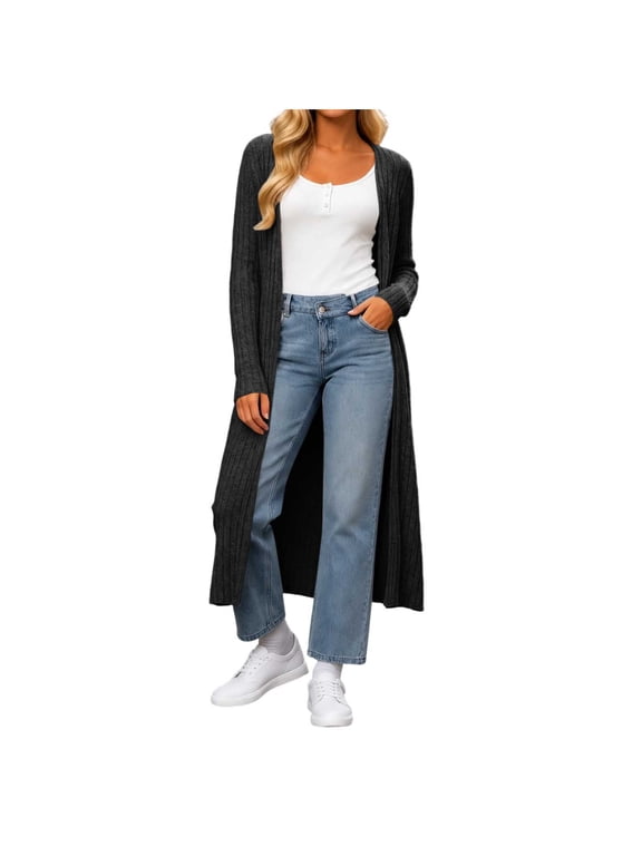 Womens Maxi Cardigans Ribbed Knit Long Sleeve Open Front Casual Cardigans Duster with Pockets for Fall Winter Everyday Black