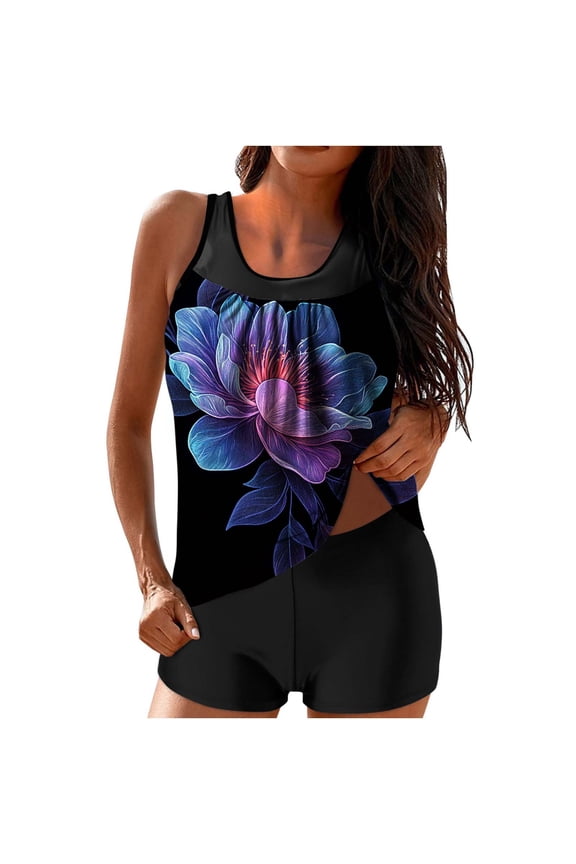 Womens Modest Tankini Set High Waisted 2 Piece Swimsuit Removable Padded Cups Full Coverage Ruched Swimwear with Boyleg Shorts AH-Multicolor