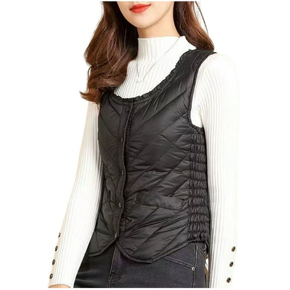 TEAJOPSUU Womens Padded Vest Lightweight Sleeveless Button Down Jackets Crew Neck Thick Padded Gilet Winter Fashion Outerwear Coats with Pockets B-Black