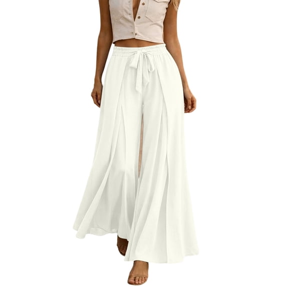 TEAJOPSUU Womens Pleated Wide Leg Palazzo Maxi Pants Flowy High Waist Elastic Elatic Drawstring Culottes Pants Dressy Daily Everyday Vacation Trousers White