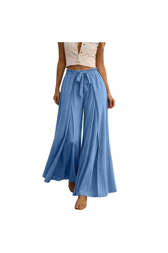 Womens Pleated Wide Leg Palazzo Maxi Pants Flowy High Waist Elastic Elatic Drawstring Culottes Pants Dressy Daily Everyday Vacation Trousers Blue