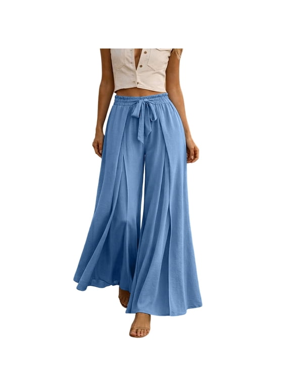 Womens Pleated Wide Leg Palazzo Maxi Pants Flowy High Waist Elastic Elatic Drawstring Culottes Pants Dressy Daily Everyday Vacation Trousers Blue