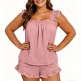 thumbnail image 1 of TEAJOPSUU Womens Plus Size Summer Pajama Set Comfy 2 Piece Loungewear Sleeveless Ruffle Trim Sleepwear Solid Round Neck Top and Pull On Shorts with Pockets Pink, 1 of 8
