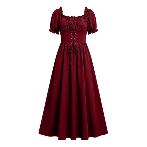 TEAJOPSUU Womens Renaissance Midi Dress Vintage Square Neck Puff Sleeve Lace Up Corset Dress Ruffle Hem A-Line Ankle-Length Dresses Wine