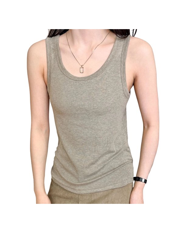 Womens Ribbed Tank Tops Solid Color Sleeveless Crew Neck Blouses Casual Pleated Summer Daily Shirts Olive Green