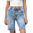 thumbnail image 1 of TEAJOPSUU Womens Ripped Stretchy Long Jean Shorts Mid Rise Frayed Cut Off Bermuda Shorts Blue, 1 of 6