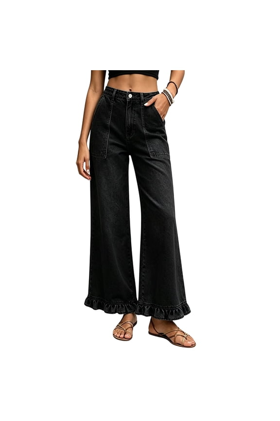 Womens Ruffle Hem Wide Leg Jeans Button Fly High Waist Front Pockets Denim Trousers with Pockets Casual Streetwear Black