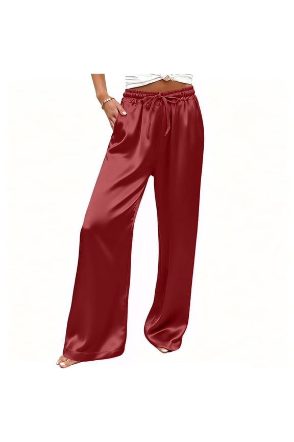 Womens Satin Pajama Pants Silk Wide Leg Sleep Lounge Pants Loose Pj Bottom with Pockets Solid Color Sleepwear Trousers Burgundy