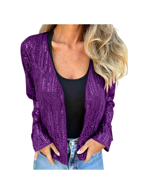 Womens Sequin Open Front Cardigan Sweaters Long Sleeve Sparkly Elegant Cardigans Shimmer Glitter Loose Jackets Purple