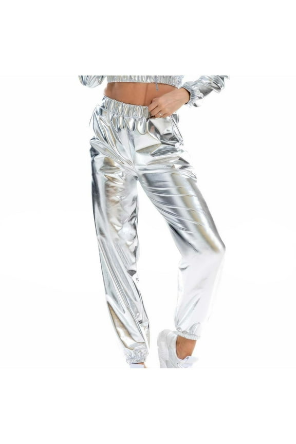 Womens Shiny Metallic Pants Elastic Waist Cuffed Hem Sequin Party Jogger Pants Loose Fit High Rise Dance Long Trousers D-Silver