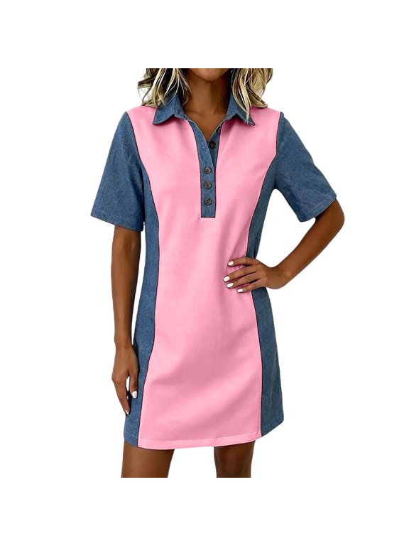Womens Shirt Dresses Short Sleeve Collared Button Placket Midi Dresses Casual Pullover Sports Skirt Dress Pink