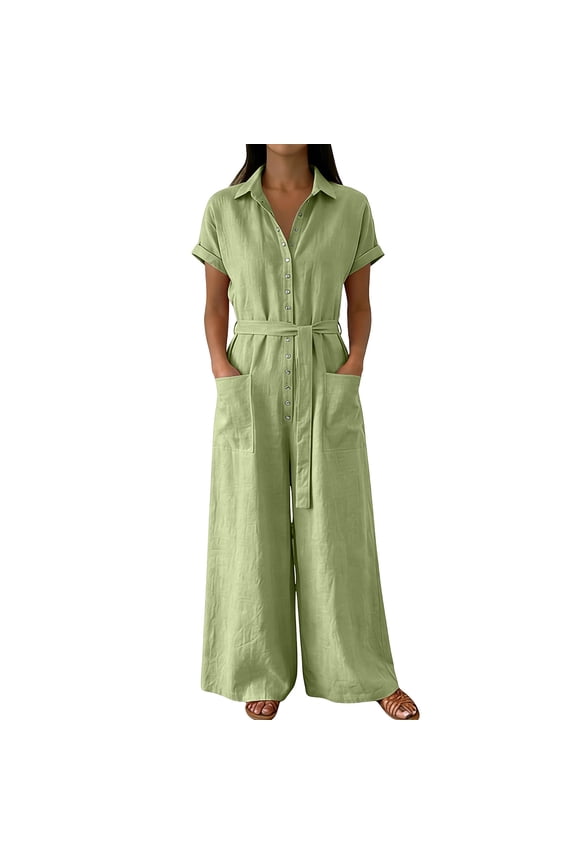 Womens Short Sleeve Collared Jumpsuits Comfy Cotton Blend Belt Waist Button Front Wide Leg Long Rompers with Pockets Summer Daily Wear Green