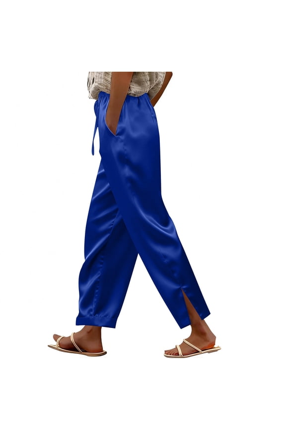 Womens Silk Satin Pants Casual Loose Split Hem Lounge Pants Drawstring Elastic Waist Straight Leg Long Trousers with Pockets Blue