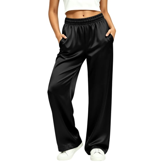 TEAJOPSUU Womens Silky Satin Wide Leg Pants High Waisted Elastic Waist Trousers Casual Lounge Pajama Pants Black