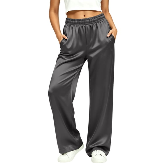TEAJOPSUU Womens Silky Satin Wide Leg Pants High Waisted Elastic Waist Trousers Casual Lounge Pajama Pants Gray