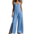 thumbnail image 1 of TEAJOPSUU Womens Sleeveless Button Down Jumpsuits Wide Leg Split Open Leg Long Rompers with Pockets Summer Casual Beach Wear Blue, 1 of 6