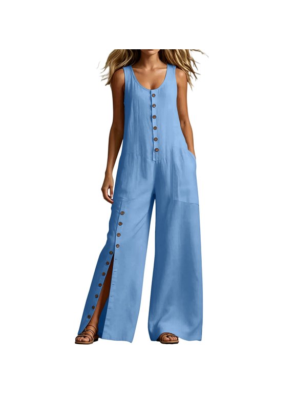 Womens Sleeveless Button Down Jumpsuits Wide Leg Split Open Leg Long Rompers with Pockets Summer Casual Beach Wear Blue