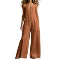 thumbnail image 1 of TEAJOPSUU Womens Sleeveless Button Down Jumpsuits Wide Leg Split Open Leg Long Rompers with Pockets Summer Casual Beach Wear Coffee, 1 of 6