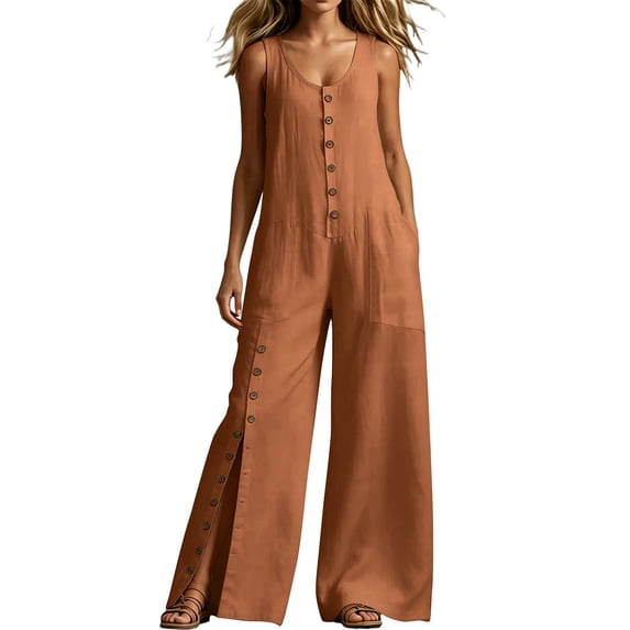 TEAJOPSUU Womens Sleeveless Button Down Jumpsuits Wide Leg Split Open Leg Long Rompers with Pockets Summer Casual Beach Wear Coffee