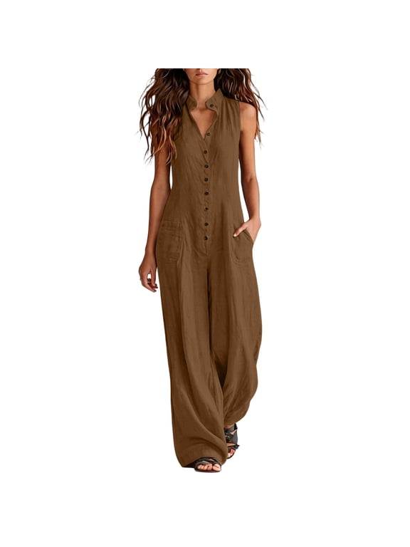 Womens Sleeveless Cotton Blend Jumpsuits with Pockets Button Down Wide Leg Stand Collar Long Rompers for Summer Daily Beach Vacation Brown