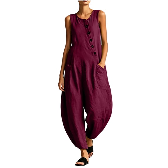 TEAJOPSUU Womens Sleeveless Harem Jumpsuit Round Neck Button Wide Leg Long Romper with Pockets Casual Summer Beach Loungewear Burgundy