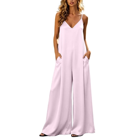 TEAJOPSUU Womens Slik Satin Backless Jumpsuits with Pockets Sleeveless Spaghetti Straps V Neck Flowy Wide Leg Rompers B-Pink