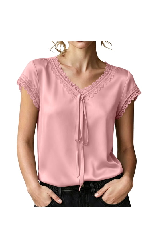 Womens Slik Satin Lace Trim Tops Cap Sleeve V Neck Solid Shirts Causal Elegant Loose Blosues for Commuting Everyday Pink