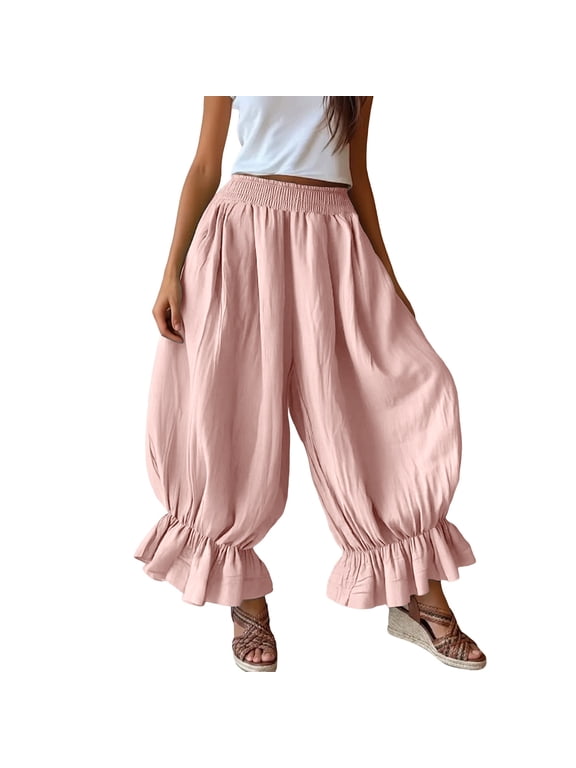 Womens Smocked Waist Harem Pants Wide Leg Ruffle Hem Culottes Pants Baggy Casual Trousers Solid Color Pink