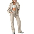 thumbnail image 1 of TEAJOPSUU Womens Solid 2 Piece Workout Sets Long Sleeve Full Zip Sweatshirts Elastic Waist Wide Leg Pockets Pants Sets Athletic Sets Beige, 1 of 5