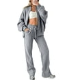 thumbnail image 1 of TEAJOPSUU Womens Solid 2 Piece Workout Sets Long Sleeve Full Zip Sweatshirts Elastic Waist Wide Leg Pockets Pants Sets Athletic Sets Gray, 1 of 5