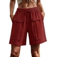 thumbnail image 1 of TEAJOPSUU Womens Solid Color Shorts Cotton Linen Blend Drawstring Multi Cargo Pockets Shorts Casual Summer Shorts Burgundy, 1 of 6