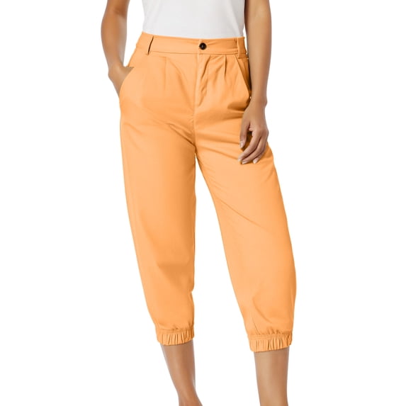TEAJOPSUU Womens Solid Twill Capris Casual 7/8 Mid-Rise Stretchy Cropped Dress Pants Quick Dry Tapered Leg Elastic Waist Business Trousers Side Pockets with Pockets A-Orange