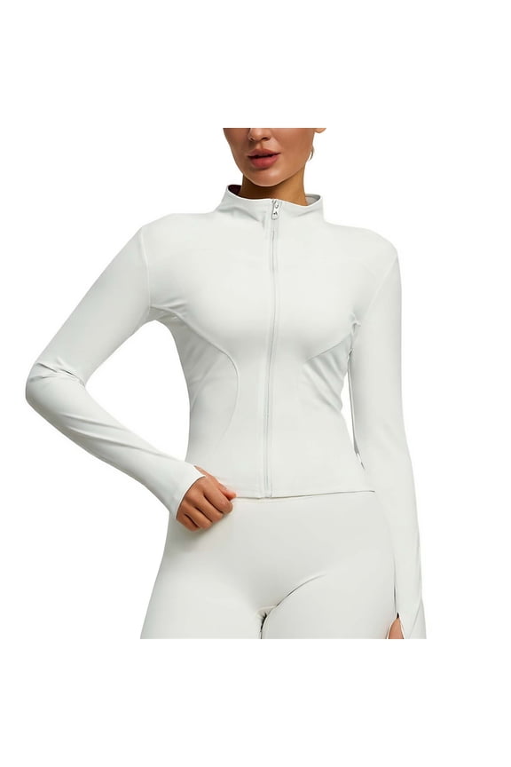 Womens Sports Running Yoga Jacket Lightweight Slim Fit Zip Up Track Jacket Turtleneck Cycling Jersey Cropped Workout Jacekt with Pockets A-White