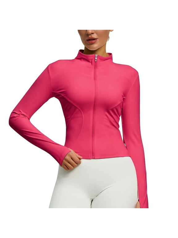 Womens Sports Running Yoga Jacket Lightweight Slim Fit Zip Up Track Jacket Turtleneck Cycling Jersey Cropped Workout Jacekt with Pockets B-Watermelon Red