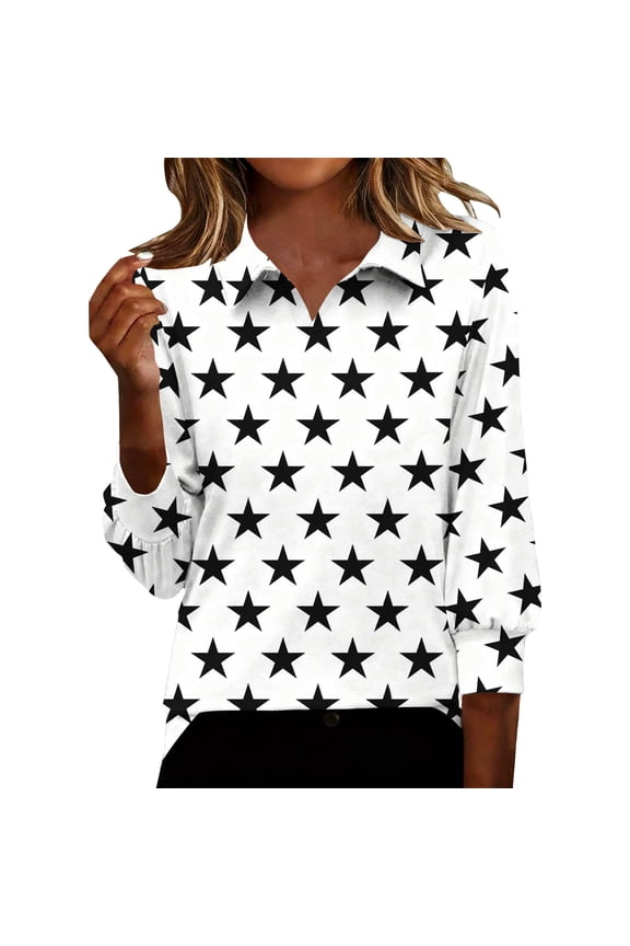 Womens Star Print Blouse Collar V Neck 3/4 Sleeves Tops Loose Fit Lightweight Summer Going Out Blouse Shirts,B-White