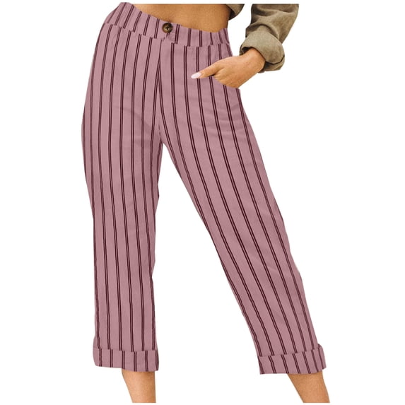 TEAJOPSUU Womens Striped High Waist Capris Elastic Waistband 3/4 Length Summer Cropped Trousers Wide Leg Straight Fit Lounge Pants with Side Pockets A-Pink